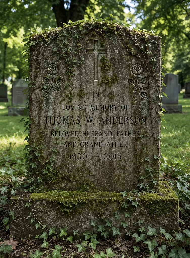 Thomas W. Anderson memorial before ivy and moss removal