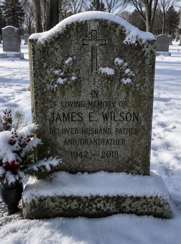 James E. Wilson memorial before cleaning with snow and buildup